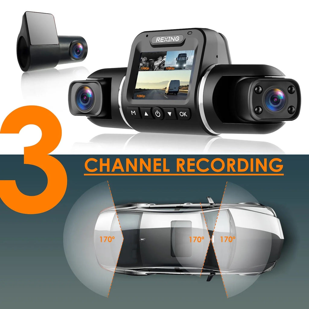 Rexing V2 PRO AI Dash Cam, 3-Channel Front/Cabin/Rear 1080p Recording with Wi-Fi and GPS
